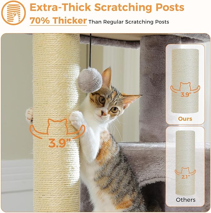 PETEPELA Cat Tree for Large Cats up to 30 lbs, 58" Heavy Duty Cat Tower with Reinforced Scratching Posts[ φ3.9”], Large Hammock, Spacious Condo & Top Perch, Sturdy Cat Furniture for Maine Coons, Grey