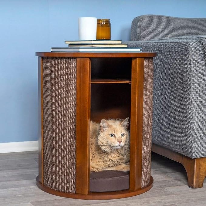THE REFINED FELINE Purrrrfect End Table Cat Bed Cave in Mahogany Brown, Multipurpose Wood Cat Furniture Nightstand, Easy to Clean Covered Cat Bed with Replaceable Scratching Post & Washable Cushion