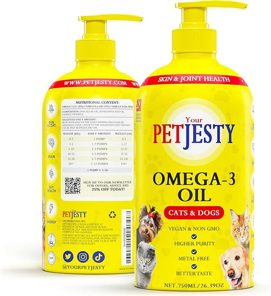 PetJesty Pure Omega 3 Oil for Dogs & Cats 26.39oz - Omega 3 Skin & Coat Support- Liquid Food Supplement for Pets - Vegan pet + DHA for Joint Function, Immune & Heart Health, Non Fish Oil Dog and Cat