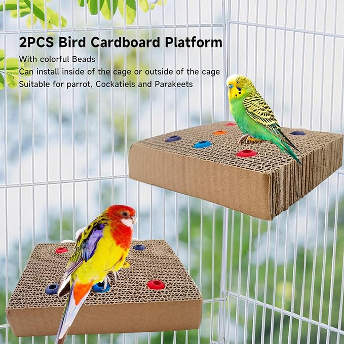 2PCS Bird Chew Toys Parrot Cardboard Perch for Cage Bird Resting Platform Stand with Colorful Beads Parrot Playground Exercise Toys Parakeets Cage Accessories for Conures, Budgies