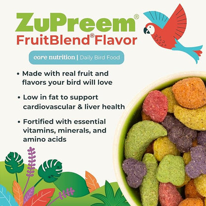 ZuPreem FruitBlend Bird Pellets, Daily Bird Food for Amazon, Cockatoo, Macaw, Core Nutrition for Large Birds, Made in USA, Macaw Pellets (L, 17.5 lb)