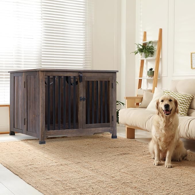 Wooden Dog Crate Furniture,Foldable and Portable Dog Kennel Furniture Indoor,Decorative Dog Crate End Table No Assembly.(Large,Rustic Brown)