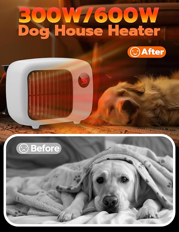 Dog House Heater with 2 Heat Settings (300W/600W), Overheat Protection, Wall-Mounted Design, Anti-Chew Cord for Dog Houses, Coops, Hutches (White)