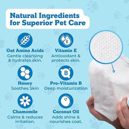 Pets XL Hypoallergenic Pet Wipes - Deodorizing No Bath Cleaning for Dogs & Puppy Grooming | Ear, Face, Butt, Paw Wet Wipe | Enriched w/Aloe, Chamomile, Oat Amino Acids | Healthier Coat & Skin