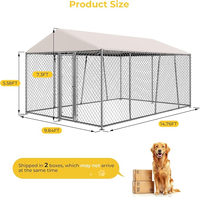 10 x 15FT Large Outdoor Dog Kennel with Roof, Dog Kennel Outside with Waterproof Cover, Galvanized Heavy Duty Chain Link Dog Runs Cage Playpen for Outside with Secure Lock