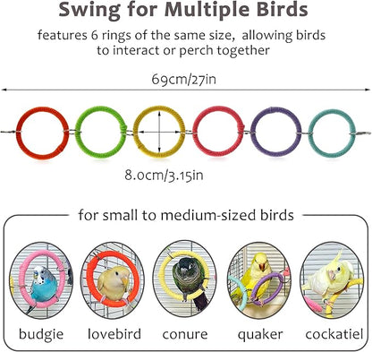 6-Ring Bird Swing Toy for Cage, Colorful Cotton Rope Perch for Parrots Soft Grip, DIY Adjustable Hanging Parakeet Toys, Interactive Multi-Bird Swing and Climb for Budgies, Lovebirds, Cockatiels