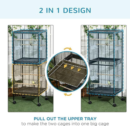 PawHut Large Bird Cage with 1.7 ft. Width for Wingspan, Bird Aviary Indoor with Multi - Door Design, Fit for a Canary, Finch, Conure, 55", Black