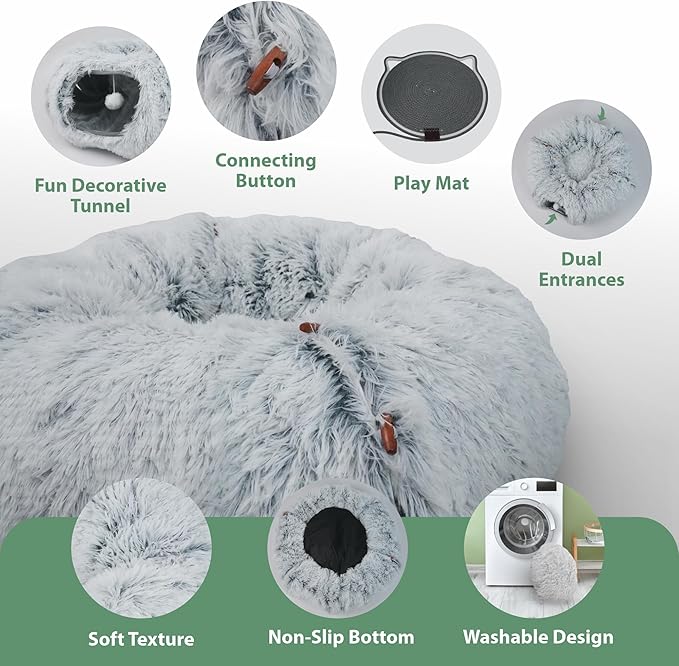 2-Pack Cat Tunnel Donut Bed and Cat Scratch Pad, Interactive Cat Tunnels for Indoor Cats, Fits Multiple Cats Up to 15 lbs, Cozy and Durable Cat Hideaway Toy for Kittens, Puppies, Rabbits (Grey)