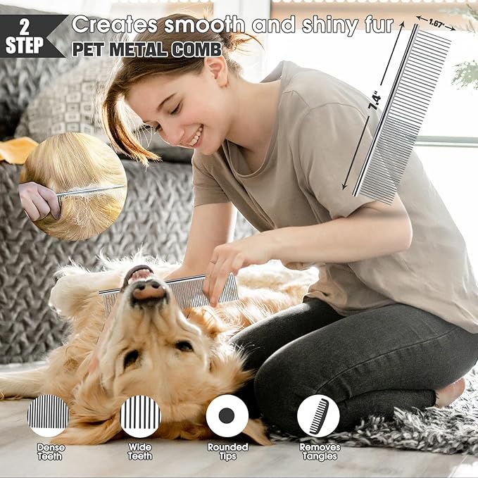 Dog slicker Brush for Dogs Grooming Kit 4PCS | Large Dog Brush for Goldendoodles Poodles Doodles | Long Pin Haired Brush | Dog Bath Brushes Flea Comb(Blue)