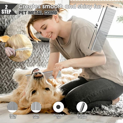 Dog slicker Brush for Dogs Grooming Kit 4PCS | Large Dog Brush for Goldendoodles Poodles Doodles | Long Pin Haired Brush | Dog Bath Brushes Flea Comb(Blue)