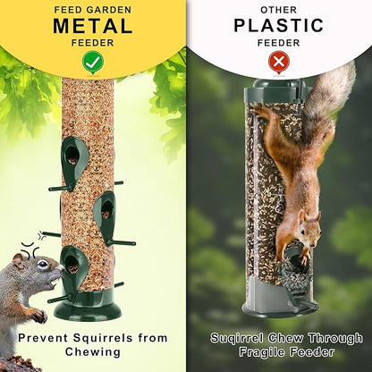FEED GARDEN Metal Tube Bird Feeders for Outdoors Hanging, 6-Port Bird Feeder for Outside, Finch Feeders for Outside, Squirrel Proof Bird Feeders with Heavy Duty Metal Lid, Chew-Proof, 13 Inch Green