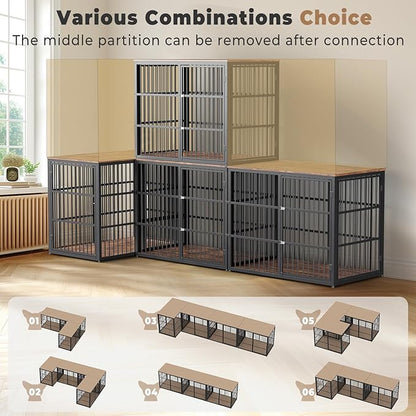 48'' L-Shaped Corner Dog Crate Furniture Large Breed with Double Rooms,Wooden Dog Crate End Table Indoor with Removable Divider for Small to Medium Dogs, Can Use Separately