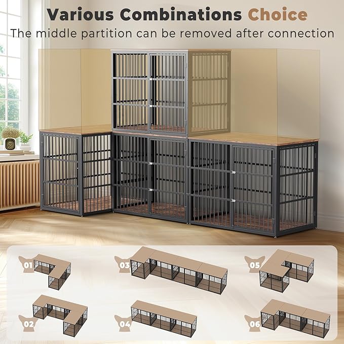 94.48'' Dog Crate Furniture Large Breed TV Stand with Double Rooms,Wooden Dog Kennel Dog Crate End Table with Removable Divider for Large Medium Dogs, Can Use Separately