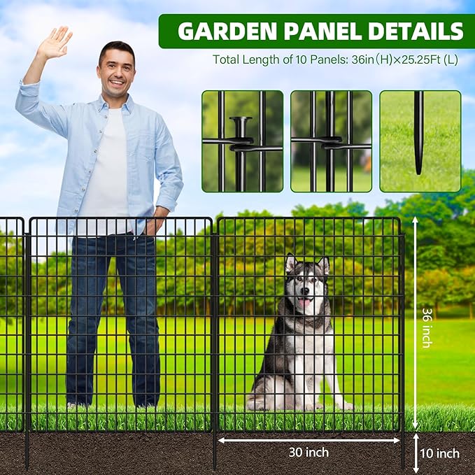 10 Panels Dog Fence Outdoor for Yard, 36 in(H) X 25 ft(L) Decorative Garden Fence Rustproof No Dig Animal Barrier Fencing Metal Wire Panel Border Patio Rabbits Ground Stakes Fencing