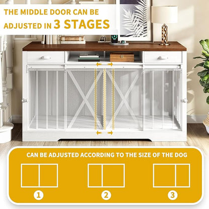 DWVO 63 Inch Double Dog Crate Furniture for 2 Dogs, Heavy Duty Wooden Dog Crate TV Stand with Charging Station, Dog Kennel Indoor Furniture Double Sliding Barn Door Design Ideal for 2 Dogs, White