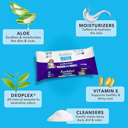 Vetnique Labs Furbliss Hygienic Pet Wipes for Dogs & Cats, Cleansing Grooming & Deodorizing Hypoallergenic Thick Wipes with All Natural Deoplex Deodorizer (Unscented, 100ct Pouch)