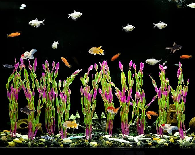 MyLifeUNIT Artificial Seaweed Water Plants for Aquarium, Plastic Fish Tank Plant Decorations 10 PCS (12 Inches Tall, Wine Red)