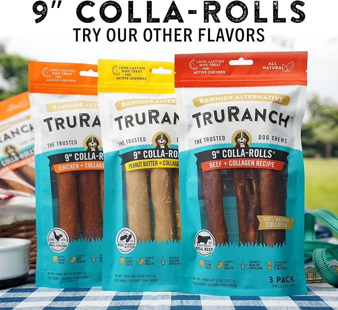 TRURANCH Collagen Rolls - 9" Collagen Rolls for Dogs - Long Lasting Healthy Joint Support - Rawhide Alternative - Skin & Coat Health - Made with Real Peanut Butter, Value Pack, 15 Bags, 45 Count