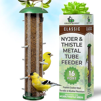 Finch Bird Feeder for Outdoors (16 Ports) Thistle & Nyjer Seed Hanging Feeder with 16 Ports and 8 Metal Perches, Chew-Proof Metal Design for Wild Birds