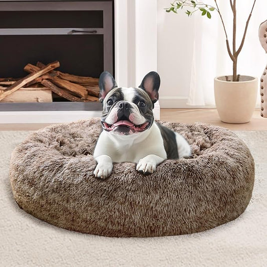JOLLYVOGUE Dog Bed Cat Bed, Anti-Anxiety Small Dog Bed, Calming Donut Dog Bed for Puppy, Cozy Cat Bed, Fluffy Dog Beds for Small Dogs, Washable Round Puppy Bed for Indoor Pets (20"/Smoke Brown
