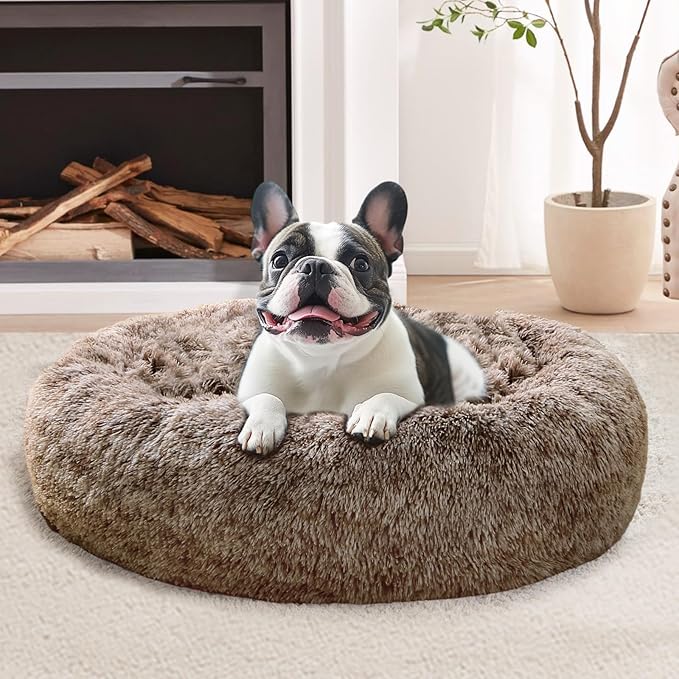 JOLLYVOGUE Dog Bed Cat Bed, Anti-Anxiety Small Dog Bed, Calming Donut Dog Bed for Puppy Bed, Fluffy Dog Beds for Small Medium Dogs, Washable Round Puppy Bed for Indoor Pet (24"/Smoke Brown