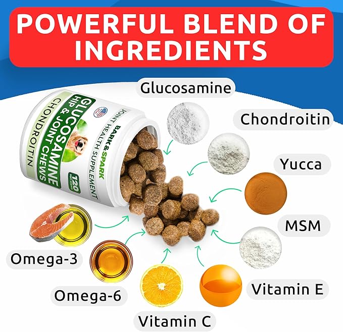 BARK&SPARK Glucosamine Chondroitin Dog Hip & Joint Supplement - Joint Pain Relief - Hip & Joint Chews - Joint Support Large Small Breed - Senior Doggie Vitamin Pill Joint Health (120 Treats - Bacon)