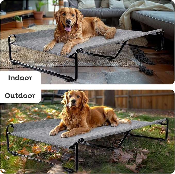 Veehoo Large Elevated Dog Bed with Flannel Dog Blanket, Outdoor Guardrail Raised Pet Cot for Extra Large Dogs, Anti-Slip Camping Dog Hammock Bed, Breathable Teslin Mesh Fabric, XXL, CWC2201B