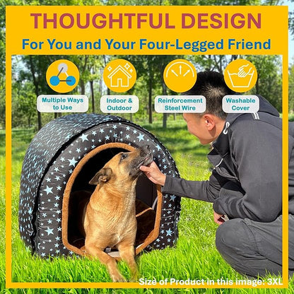 2 in 1 Extra Large Pet Winter House Convertible to Bed with Warm Cushion Mat, 2 Way Indoor Outdoor Portable Dog Kennel, Removable Washable Cover (2XL Starry Sky)