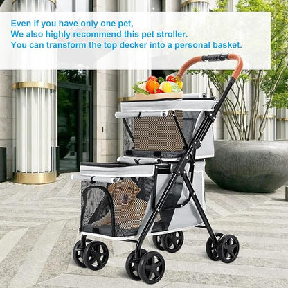 Double Pet Stroller for Dogs and Cats, One-Hand Folding Dog Stroller Travel Carriage for Small Medium Dogs Cats, 4 Wheels, Gray