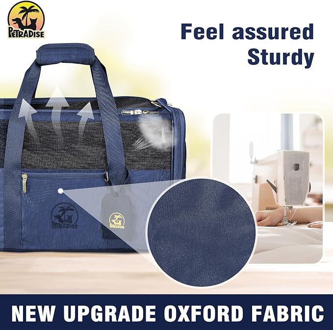 Luxury Pet Carrier for Dogs, Cats, Puppies - Airline TSA Approved, Durable Anti-Scratch Fabric, Soft-Sided, Consistent Airflow, Foldable Design, Cushion Pad, Travel (Navy Blue, Medium)