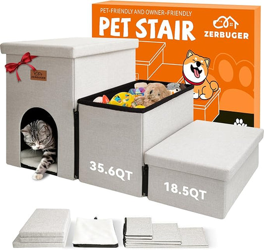 Dog Stairs with Condo 17.5" H, 3-Step Wider Dog Steps for High Beds Couch, Folding Storage Pet Stairs Gift for Small/Medium/Large Dogs Cats, Dog Ramp for Climbing Car Hold Up to 200 lbs, Beige Gray
