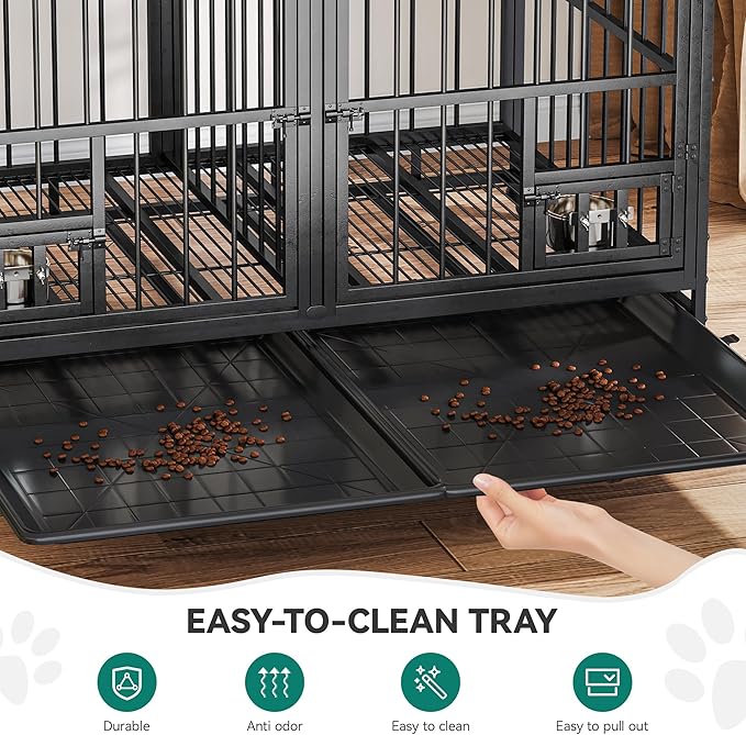 YITAHOME 37.5'' Heavy Duty Dog Crate with Removable Divider, Double Doors & Locks Design, Furniture Style Large Dog Crate with 360° Rotatable Dog Bowls & 360° Wheels & 2 Trays for Small/Medium Dog