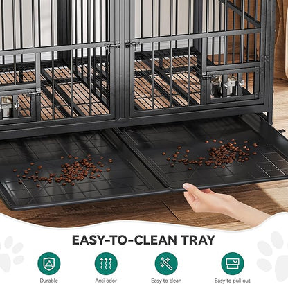 YITAHOME 37.5'' Heavy Duty Dog Crate with Removable Divider, Double Doors & Locks Design, Furniture Style Large Dog Crate with 360° Rotatable Dog Bowls & 360° Wheels & 2 Trays for Small/Medium Dog