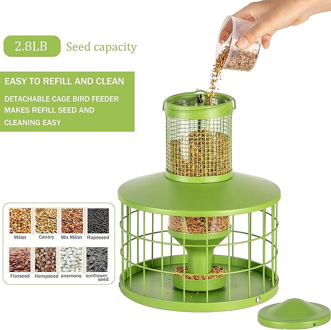 Caged Bird Feeders Squirrel-Proof, Metal, 2.8Lbs Capacity-Cage Tube Seed Feeders with Tray, Hanging Wild Bird Feeders, Attract Birds,Detachable Cleaning, Starling Proof Wild Bird Feeder（Green）