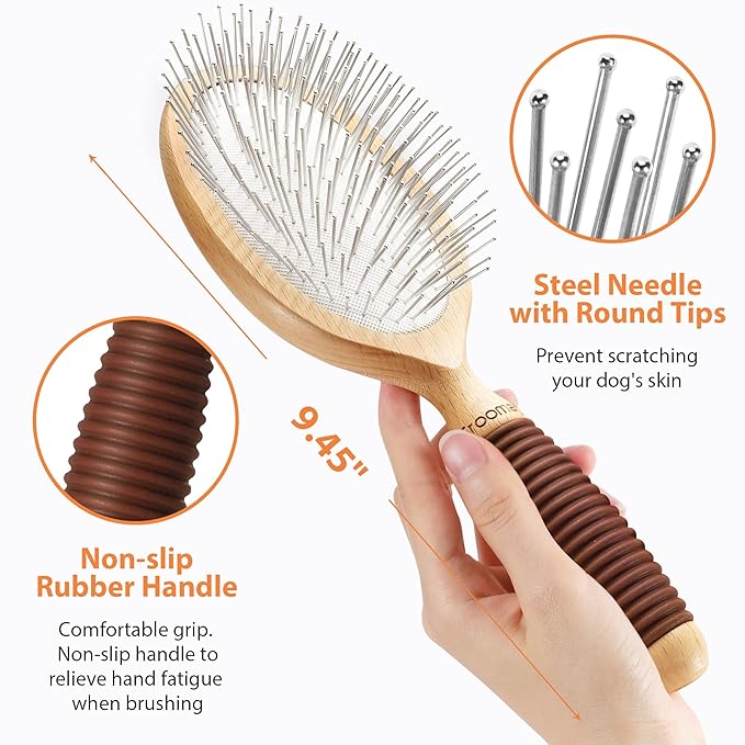 Dog Brush for Long Haired Dogs, 27mm Extra Long Pin Brush for Grooming, Shedding - Beech Wood Material, Non-Slip Rubber Handle, Round-Tipped Pins