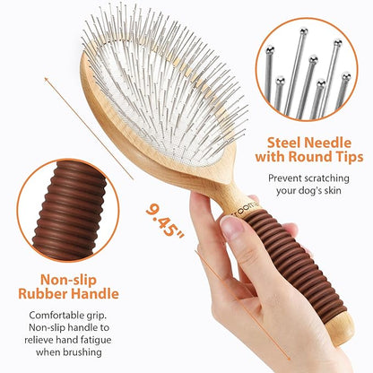 Dog Brush for Long Haired Dogs, 27mm Extra Long Pin Brush for Grooming, Shedding - Beech Wood Material, Non-Slip Rubber Handle, Round-Tipped Pins