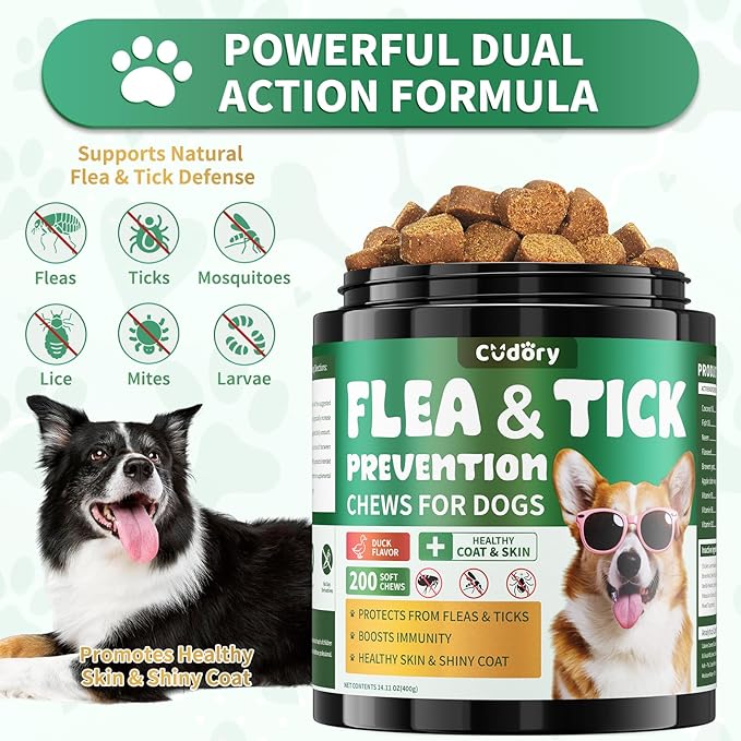 Flea and Tick Prevention for Dogs Chews – 200 Soft Chews, Dog Flea Chewables with Skin & Coat Support – Oral Supplement for All Breeds & Ages – Natural Duck Flavor