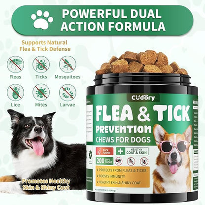 Flea and Tick Prevention for Dogs Chews – 200 Soft Chews, Dog Flea Chewables with Skin & Coat Support – Oral Supplement for All Breeds & Ages – Natural Duck Flavor