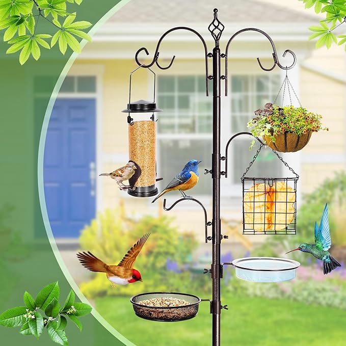 Bird Feeding Station Kit, 87 Inches Bird Feeder Pole for Outside, Premium Feeder Stand Hanging Kit with Water Bowl, Mesh Tray and Metal Suet for Attracting Wild Birds