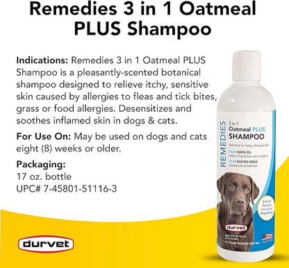 Durvet 011-51116 Naturals 3 in 1 Oatmeal Plus Shampoo, 17 oz, Clear