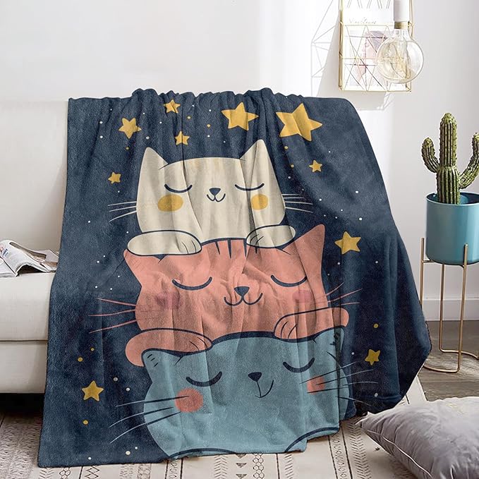Stacked Cats Blanket Soft Cozy Flannel Throw Blanket, Warm Yet Lightweight Cute Cartoon Kittens Blankets for Travel, Couch, Bed, for Adults Kids Women Girls, Fuzzy Outdoor Comfort Wrap 60"×50"