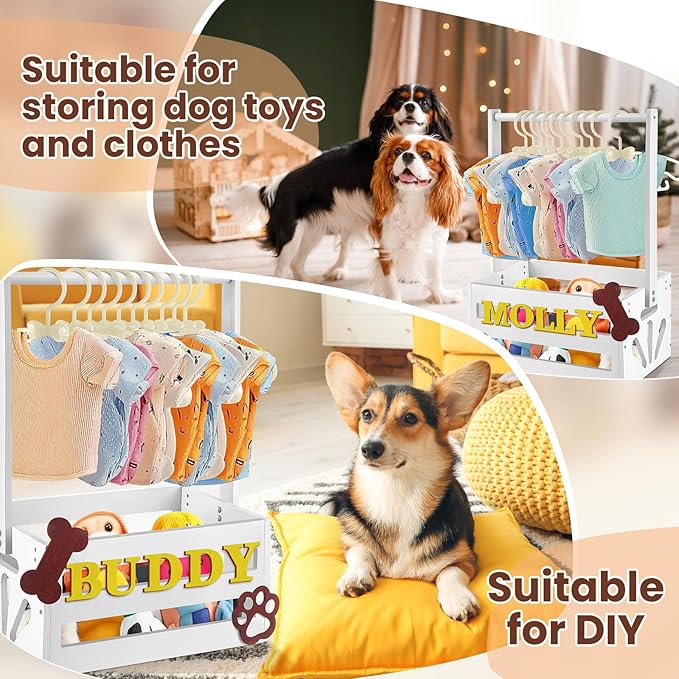 20" x 13" x 9" Wooden Pet Wardrobe Closet Crate Box with Hanging Rods and Personalized Pet Alphabet Letters Easy Assembly Baskets for Dog Cat Toys Clothes Accessories (White)