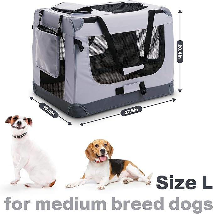Folding Large Dog Carrier (27.5"x20.4"x19.6"), Pet Carrier, Soft Dog Crate with 3 Durable Tear-Resistant Mesh Window, Soft Pad and Bag for Supplies, Travel Crate Kennel for Pets (Gray)