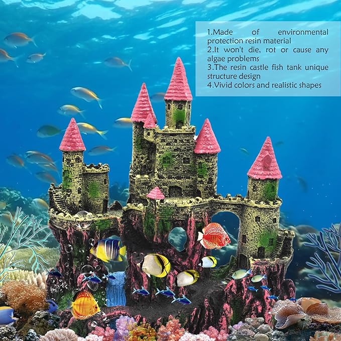 Aquarium Castle Decorations, Resin Castle for Fish Tank with Randomly Color Plants Decor Accessories for Freshwater and Saltwater Fish Tanks (Pink)