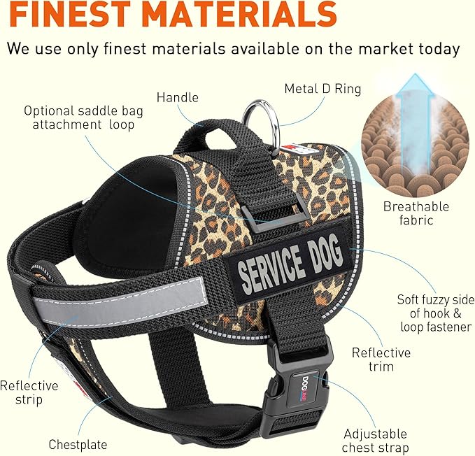 Dogline Unimax Dog Harness Vest with Service Dog Patches Reflective No-Pull, Adjustable Straps, Breathable Neoprene for Medical, Service, Identification and Training Dogs Girth 22 to 30" Leopard Brown