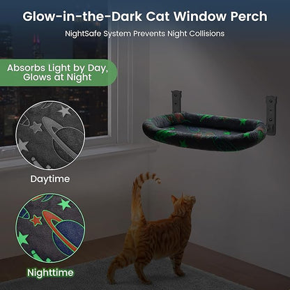 2 Pack Cat Window Perch, Glow in The Dark Foldable Cat Hammock with Cozy Pad Bed, Breathable Cordless Window Seat with Stud Metal Frame for Large Cats and Kitten (Cushion Bed, 2 Pack - L)