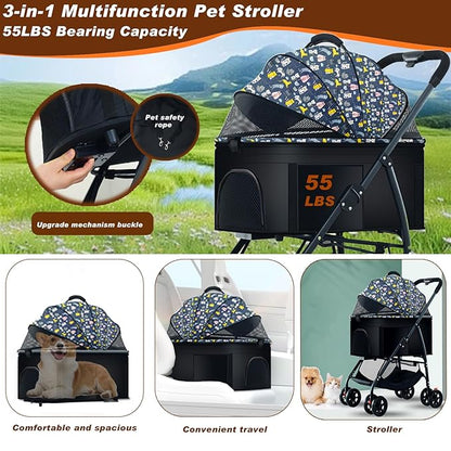 Pet Stroller 3 in 1 Folding Lightweight Dog Stroller with Detachable Carrier & Storage Basket, Premium 4 Wheels Travel Stroller for Small/Medium Pet (Blue)