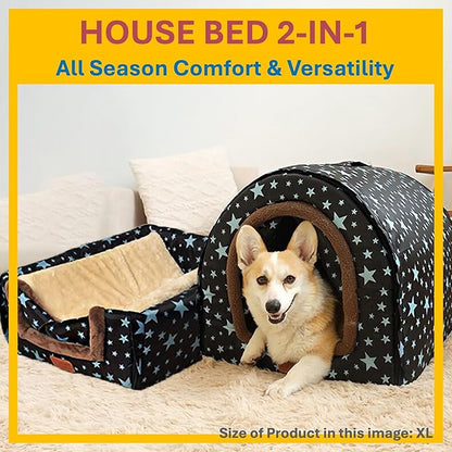 2 in 1 Extra Large Pet Winter House Convertible to Bed with Warm Cushion Mat, 2 Way Indoor Outdoor Portable Dog Kennel, Removable Washable Cover (2XL Starry Sky)