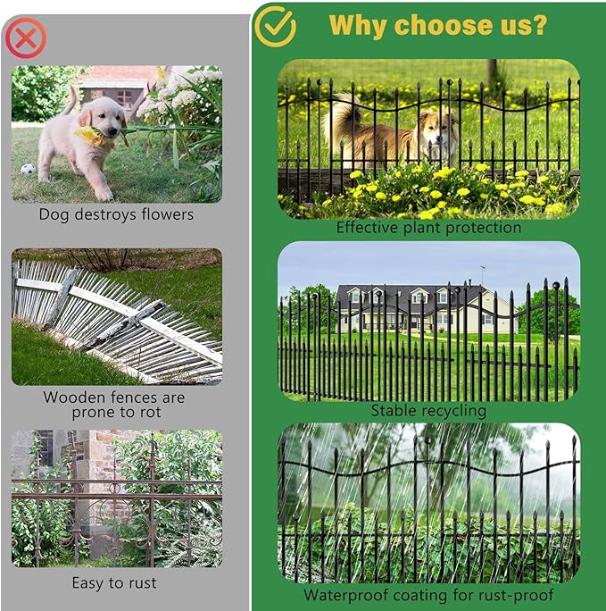 5 Panels No Dig Decorative Garden Fence with Gate, 24in(H) _ 11ft(L) Heavy-Duty Rustproof Metal Panels, Outdoor Dog Barrier for Yard & Patio, Landscape, Border| Portable Temporary Fencing