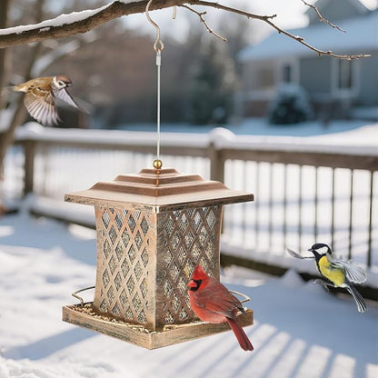 Outdoor Bird Feeder, Heavy Duty Retro Lamp Style Bird Feeders for Outside Hanging, Double Metal Mesh Birdfeeder with Lid Fixing Buckle, 3Lbs Capacity - Bronze